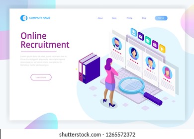 Isometric online job search and human resource, recruitment concept. We are hiring. Presentation for employment and infographics for recruiting. Template website Landing page.