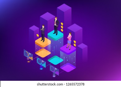 Isometric online job search and human resource, recruitment concept. We are hiring. Presentation for employment and infographics for recruiting.