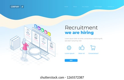 Isometric online job search and human resource, recruitment concept. We are hiring. Presentation for employment and infographics for recruiting. Template website Landing page.