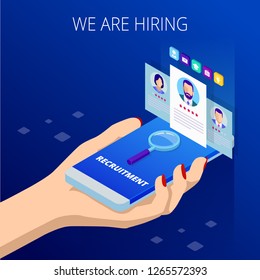 Isometric Online Job Search And Human Resource, Recruitment Concept. We Are Hiring. Presentation For Employment And Infographics For Recruiting.