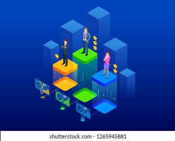 Isometric online job search and human resource, recruitment concept. We are hiring. Presentation for employment and infographics for recruiting.