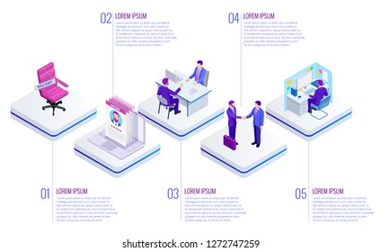 Isometric Online job search and human resource concept. Infographics of Business data visualization. Process chart. Job interview, recruitment agency vector illustration