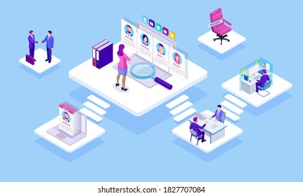 Isometric Online job search and human resource concept. Infographics of Business data visualization. Process chart. Job interview, recruitment agency vector illustration