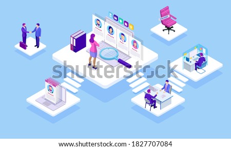 Isometric Online job search and human resource concept. Infographics of Business data visualization. Process chart. Job interview, recruitment agency vector illustration
