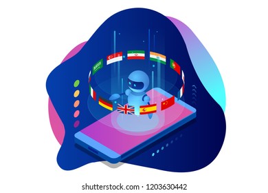 Isometric online language learning with artificial intelligence or Science teacher bot concept. Online language school lifestyle. Education Concept.