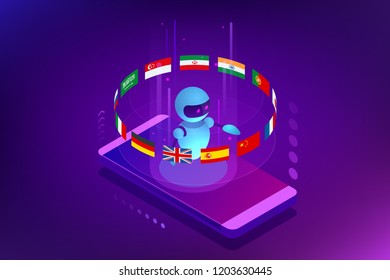 Isometric online language learning with artificial intelligence or Science teacher bot concept. Online language school lifestyle. Education Concept.