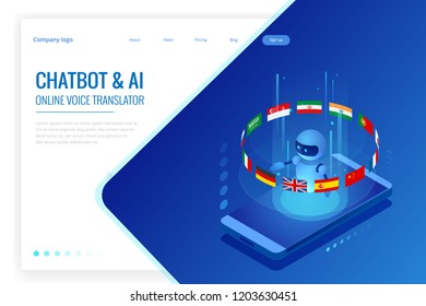 Isometric online language learning with artificial intelligence or Science teacher bot concept. Online language school lifestyle. Education Concept.