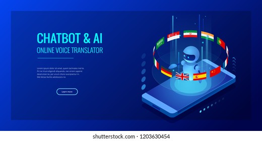 Isometric online language learning with artificial intelligence or Science teacher bot concept. Online language school lifestyle. Education Concept.