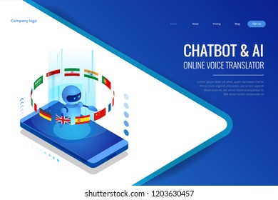 Isometric online language learning with artificial intelligence or Science teacher bot concept. Online language school lifestyle. Education Concept.