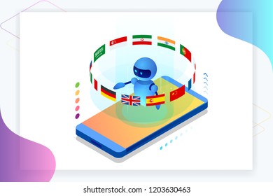 Isometric online language learning with artificial intelligence or Science teacher bot concept. Online language school lifestyle. Education Concept.