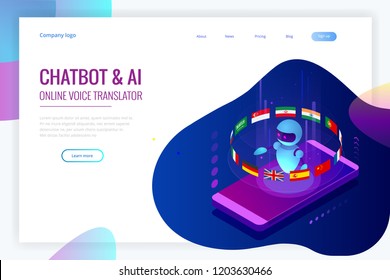 Isometric online language learning with artificial intelligence or Science teacher bot concept. Online language school lifestyle. Education Concept.