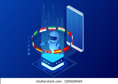 Isometric online language learning with artificial intelligence or Science teacher bot concept. Online language school lifestyle. Education Concept.