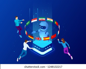 Isometric online language learning with artificial intelligence or Science teacher bot concept. Online language school lifestyle. Education concept