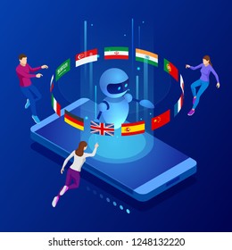 Isometric online language learning with artificial intelligence or Science teacher bot concept. Online language school lifestyle. Education concept