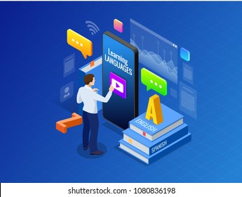 Isometric Online Language Learning Interface And Teaching Concept. Online Language School Lifestyle. Education Concept. Vector Illustration