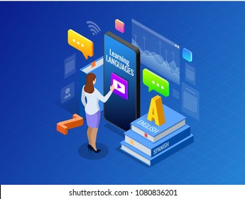 Isometric Online Language Learning Interface and Teaching Concept. Online language school lifestyle. Education Concept. Vector illustration