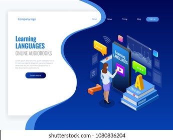 Isometric Online Language Learning Interface And Teaching Concept. Online Language School Lifestyle. Education Concept. Vector Illustration