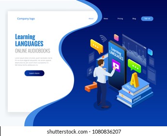 Isometric Online Language Learning Interface and Teaching Concept. Online language school lifestyle. Education Concept. Vector illustration