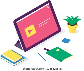 Isometric online laptop study and teaching concept, technology learn and tutorial network design vector illustration. 3d educations studying and teach flat design isolated on white background