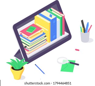 Isometric online laptop study and teaching concept, technology learn and tutorial network design vector illustration. 3d educations studying and teach flat design isolated on white background