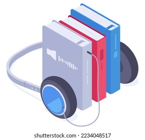 Isometric online library app. Audio books, mobile library, reading and e-learning concept, 3d flat vector illustration on white background