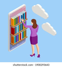 Isometric Online library app for reading, bookstores concept. E-learning from home online studying on smartphone.