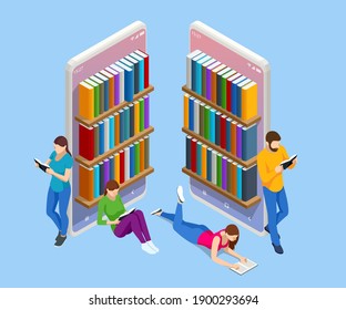 Isometric Online library app for reading, bookstores concept. E-learning from home online studying on smartphone.