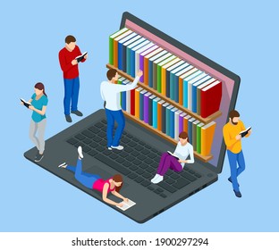 Isometric Online library app for reading, bookstores concept. E-learning from home online studying on laptop.