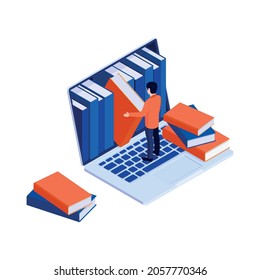 Isometric online library concept with computer and man choosing book 3d vector illustration
