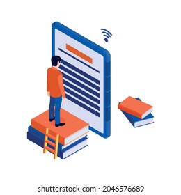 Isometric online library concept with ebook books and human character vector illustration