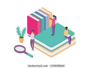 Isometric online library concept, people education with book. Vector library online illustration, stack of books