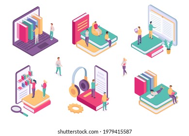 Isometric online library. Ebook dictionary digital archive for student. School book on phone or computer. Web literature learning vector set. Online learning by phone, digital e-learning illustration