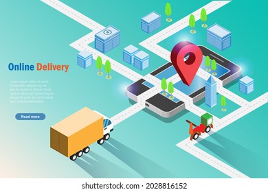 	
Isometric online logistics. Delivery truck and motorbike on street map with pin point on smart phone screen . Online transportation logistics and delivery business service.