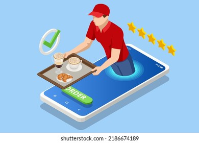 Isometric Online Meal Ordering. Coffee Fast Delivery. Delivery Guy Thru Out Of Cell Phone, Hold Out Hand With Coffee Cups. Address Online Delivery Service With Five Stars Rating