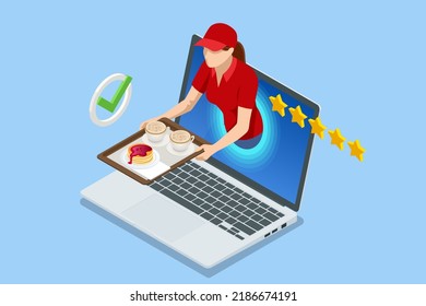 Isometric Online Meal Ordering. Coffee Fast Delivery. Delivery Guy Thru Out Of Cell Phone, Hold Out Hand With Coffee Cups. Address Online Delivery Service With Five Stars Rating