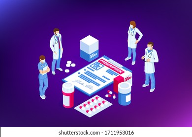 Isometric Online medical advise or consultation service, tele medicine, cardiology. Online treatment recipe. Medicine and pharmacy banners. Pharmacist care for the patient. Medicine industry.