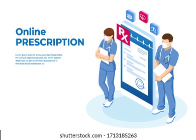 Isometric Online medical advise or consultation service, tele medicine, cardiology. Online treatment recipe. Medicine and pharmacy banners. Pharmacist care for the patient. Medicine industry.