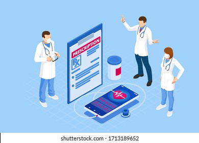 Isometric Online medical advise or consultation service, tele medicine, cardiology. Online treatment recipe. Medicine and pharmacy banners. Pharmacist care for the patient. Medicine industry.