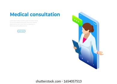 Isometric Online Medical Consultation. Health care Concept. Health Insurance, Online Prescription. Online diagnosis concept banner with characters.