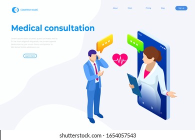 Isometric Online Medical Consultation. Health care Concept. Health Insurance, Online Prescription. Online diagnosis concept banner with characters.