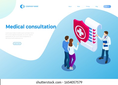 Isometric Online Medical Consultation. Health care Concept. Health Insurance, Online Prescription. Online diagnosis concept banner with characters.