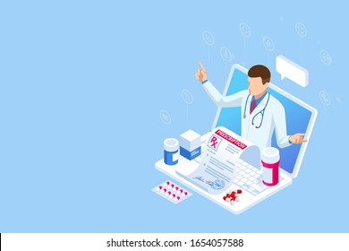 Isometric Online Medical Consultation. Health Care Concept. Health Insurance, Online Prescription. Online Diagnosis Concept Banner With Characters.