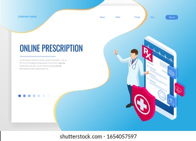 Isometric Online Medical Consultation. Health care Concept. Health Insurance, Online Prescription. Online diagnosis concept banner with characters.