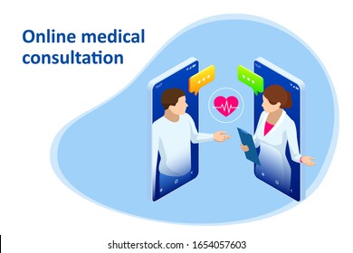 Isometric Online Medical Consultation. Health Care Concept. Health Insurance, Online Prescription. Online Diagnosis Concept Banner With Characters.