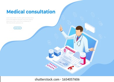 Isometric Online Medical Consultation. Health care Concept. Health Insurance, Online Prescription. Online diagnosis concept banner with characters.