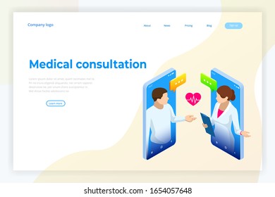 Isometric Online Medical Consultation. Health Care Concept. Health Insurance, Online Prescription. Online Diagnosis Concept Banner With Characters.