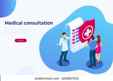 Isometric Online Medical Consultation. Health care Concept. Health Insurance, Online Prescription. Online diagnosis concept banner with characters.