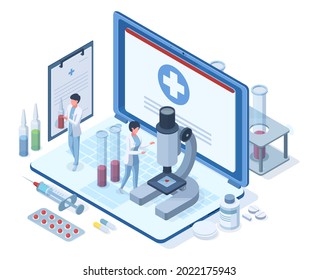 Isometric online medical healthcare concept. Pharmacy research, medical treatment, healthcare diagnostic vector illustration. Online medical service concept. Laptop screen with scientists