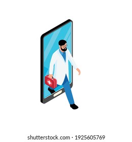 Isometric Online Medicine Composition With Doctor Walking Out Of Smartphone Screen With First Aid Box Vector Illustration