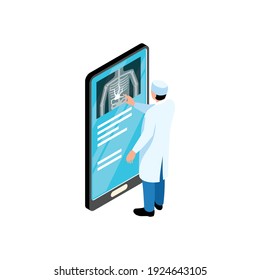 Isometric online medicine composition with doctors character checking x-ray radiogram on phone screen vector illustration